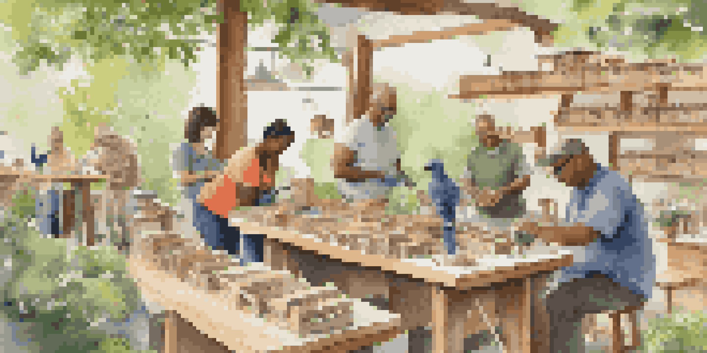 A community workshop with people of different ages and abilities working together to build accessible birdhouses, surrounded by tools and nature.