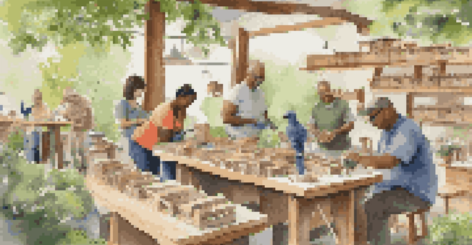 A community workshop with people of different ages and abilities working together to build accessible birdhouses, surrounded by tools and nature.