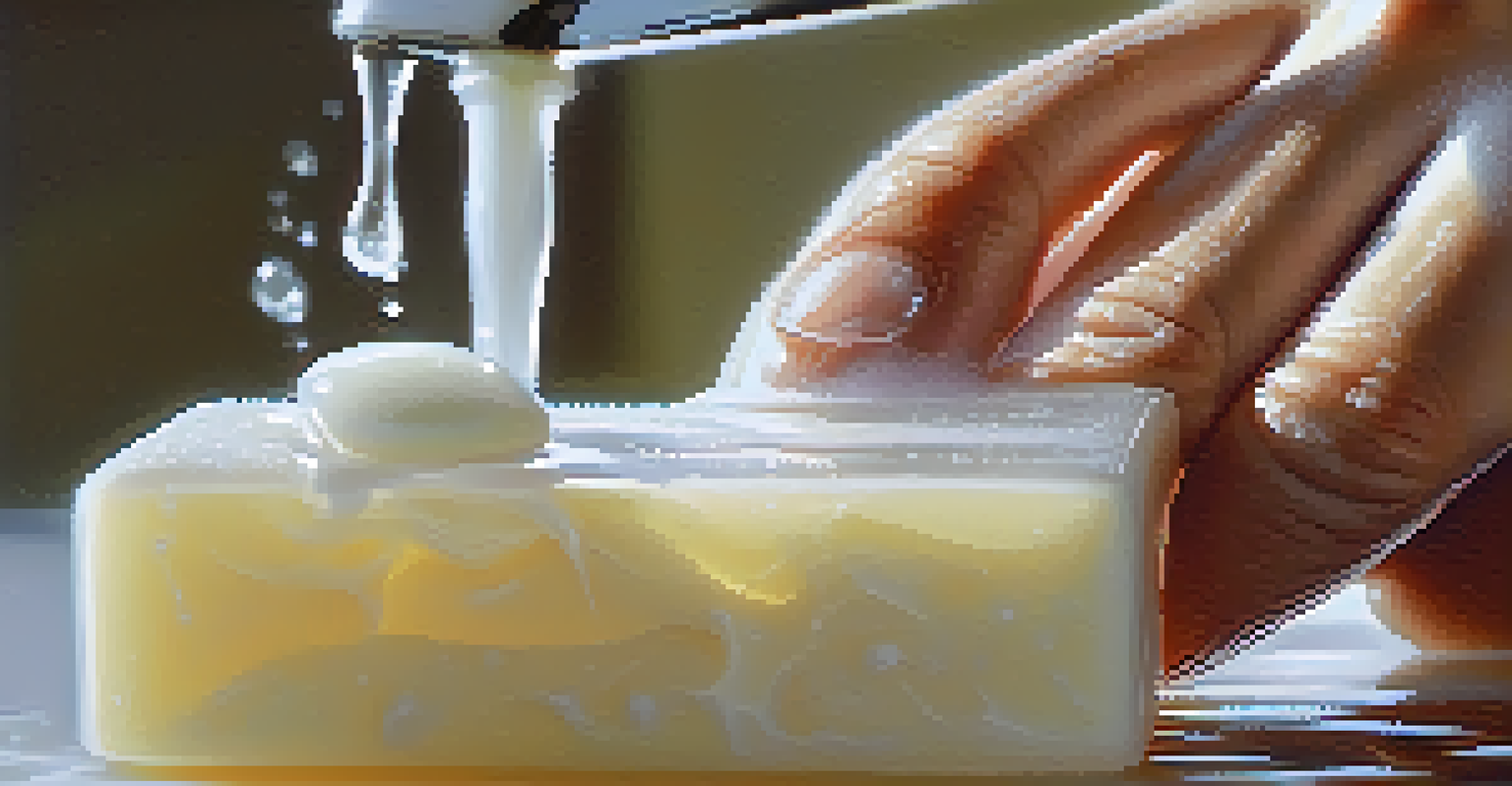 Close-up of hands lathering a bar of soap with creamy bubbles in a softly blurred bathroom.