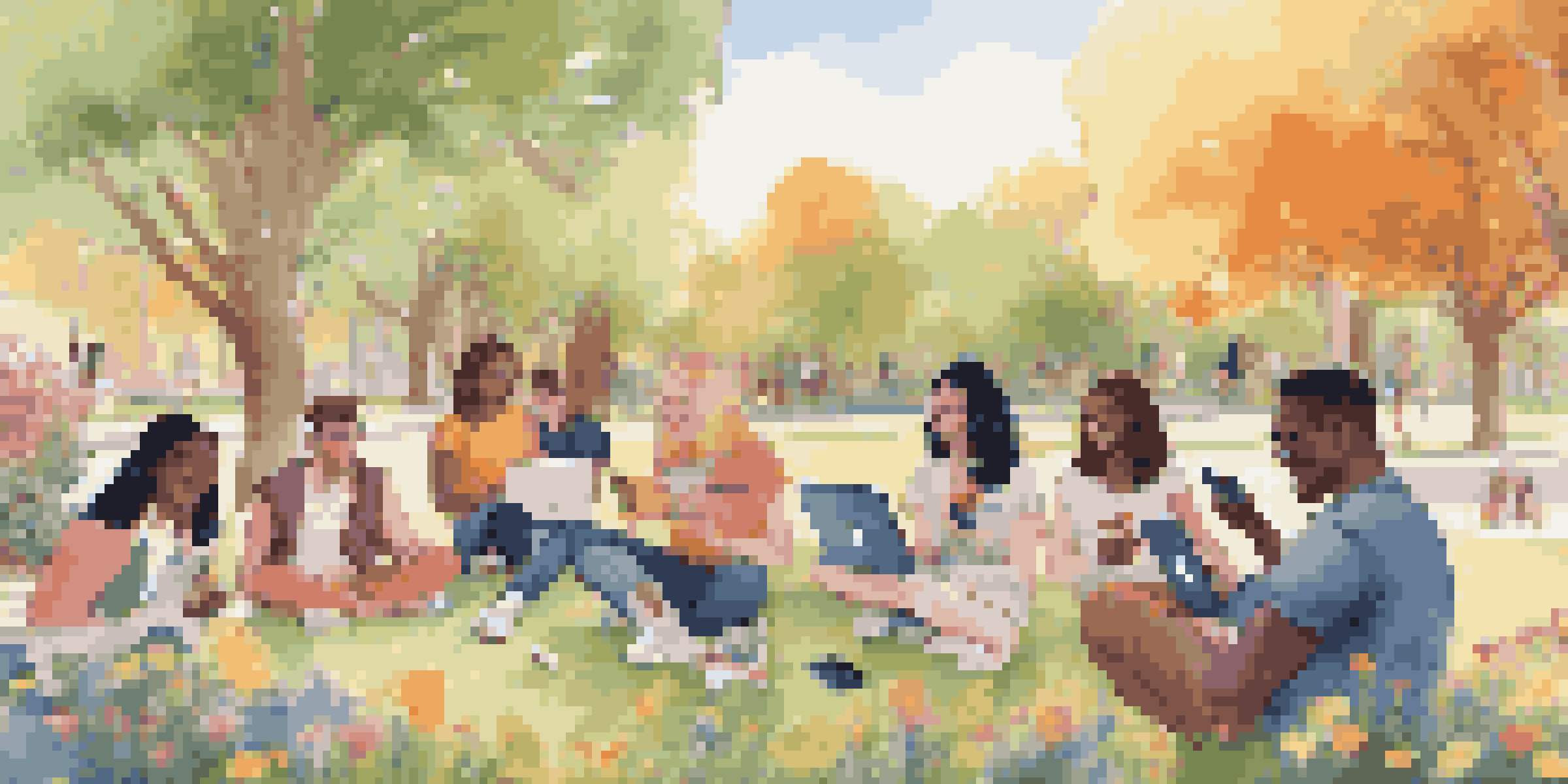 A group of young adults in a sunny park, engaging with their devices and interacting on social media platforms.
