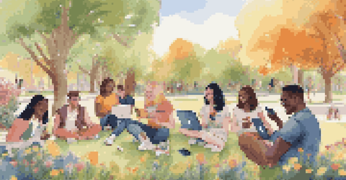 A group of young adults in a sunny park, engaging with their devices and interacting on social media platforms.