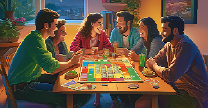 A group of friends enjoying a board game night with snacks and drinks in a cozy setting.