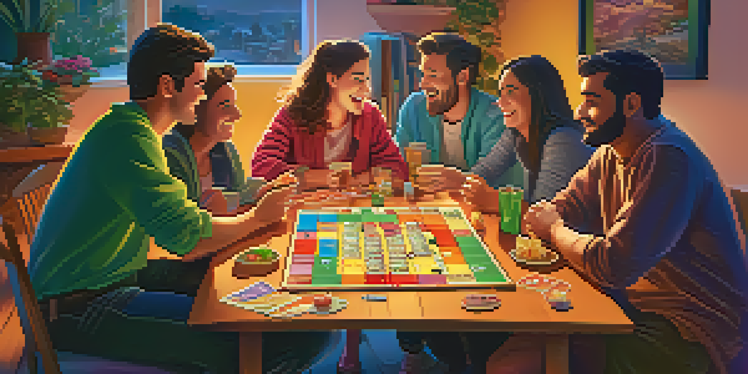 A group of friends enjoying a board game night with snacks and drinks in a cozy setting.