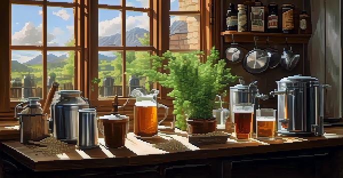 A cozy kitchen with a home brewing setup, featuring brewing equipment, hops, and barley, illuminated by soft sunlight.