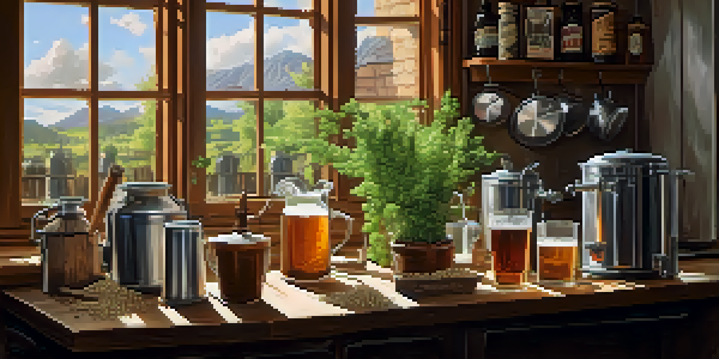 A cozy kitchen with a home brewing setup, featuring brewing equipment, hops, and barley, illuminated by soft sunlight.