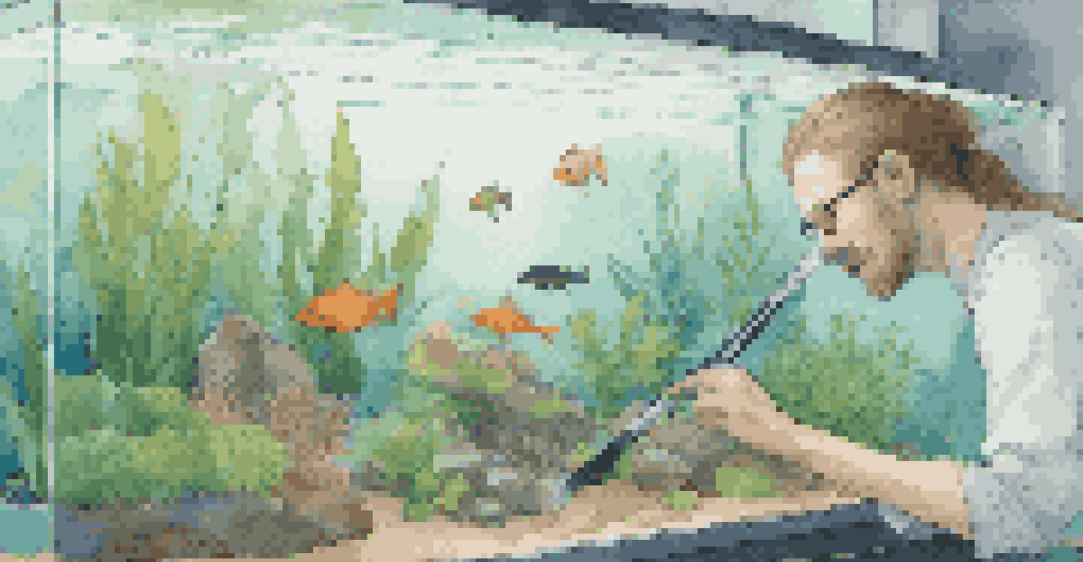 A person trimming aquatic plants in an aquarium, with maintenance tools visible, highlighting the intricate process of caring for an aquascape.