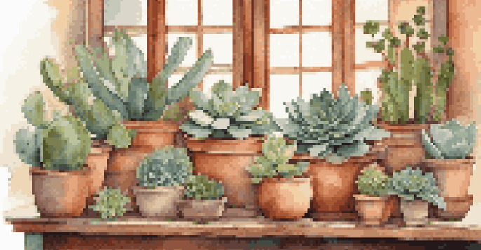 A colorful indoor garden showcasing various succulent plants in pots of different materials, with soft lighting enhancing their textures.