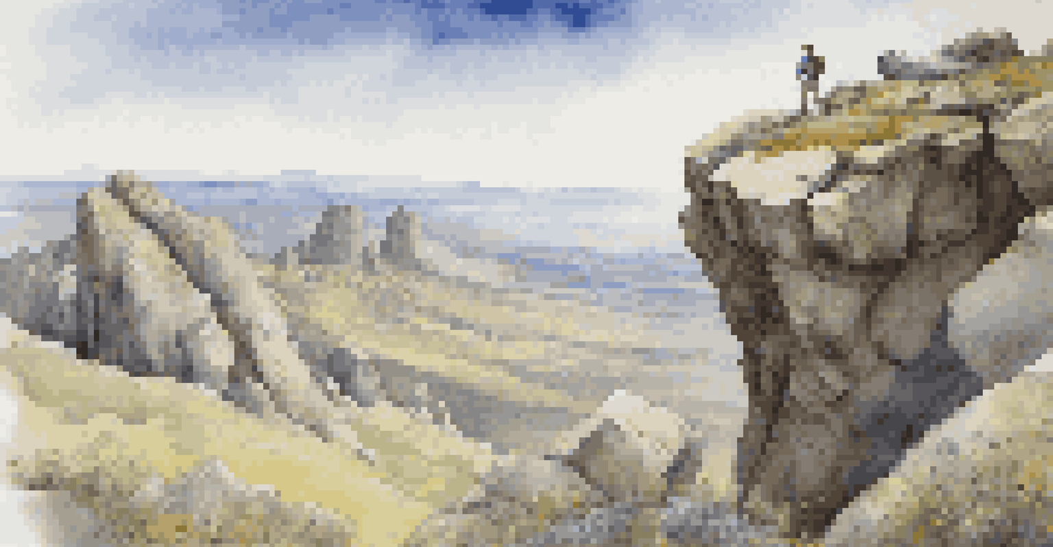 An aerial shot of a parkour athlete balancing on rocks in a rugged landscape with wildflowers.