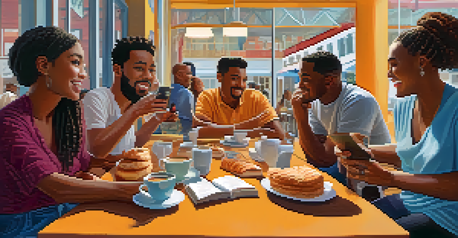 A diverse group of people discussing a non-fiction book in a cafe, with coffee and pastries on the table, showcasing animated expressions.
