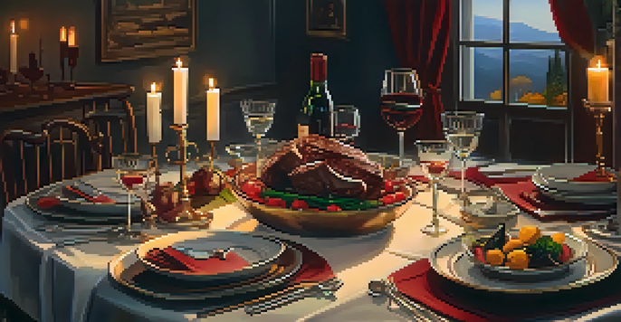 A dining table elegantly set with fine china and crystal glasses, featuring a plate of grilled steak and roasted vegetables, all illuminated by soft candlelight.