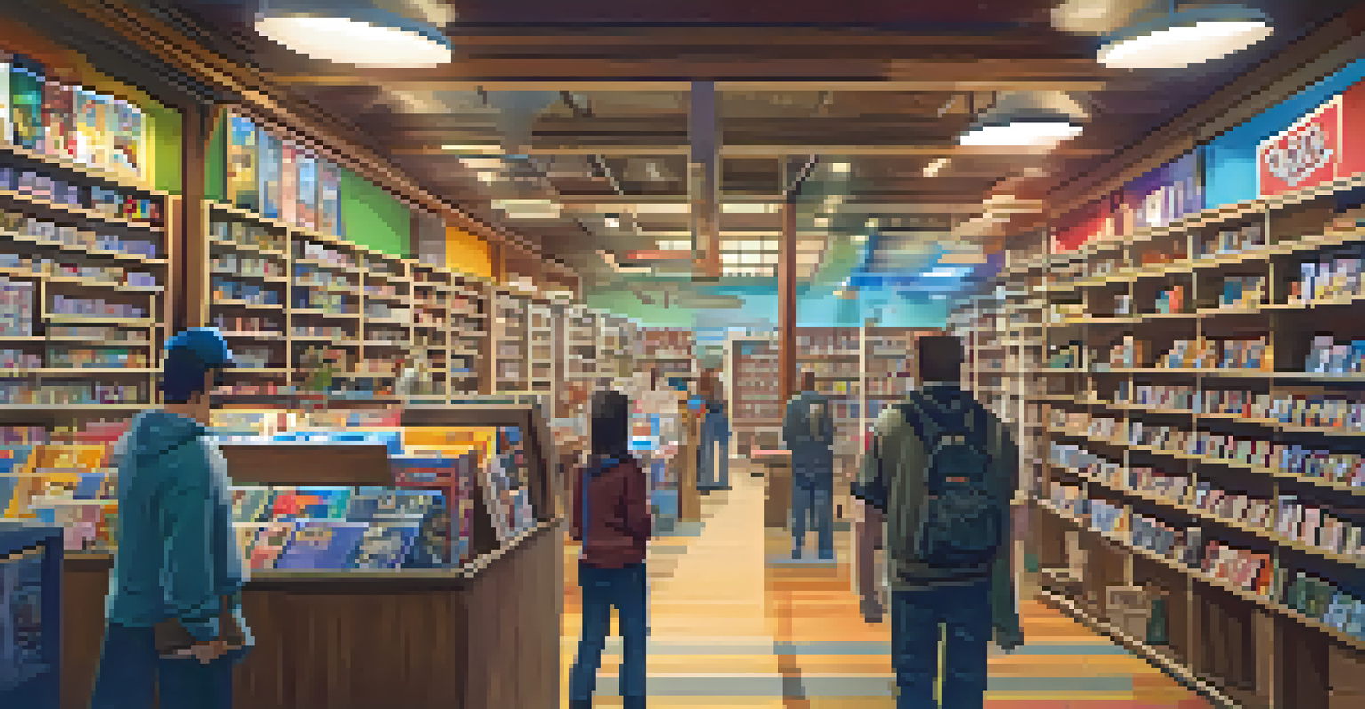 A local game shop filled with shelves of board games and a staff member assisting a customer.