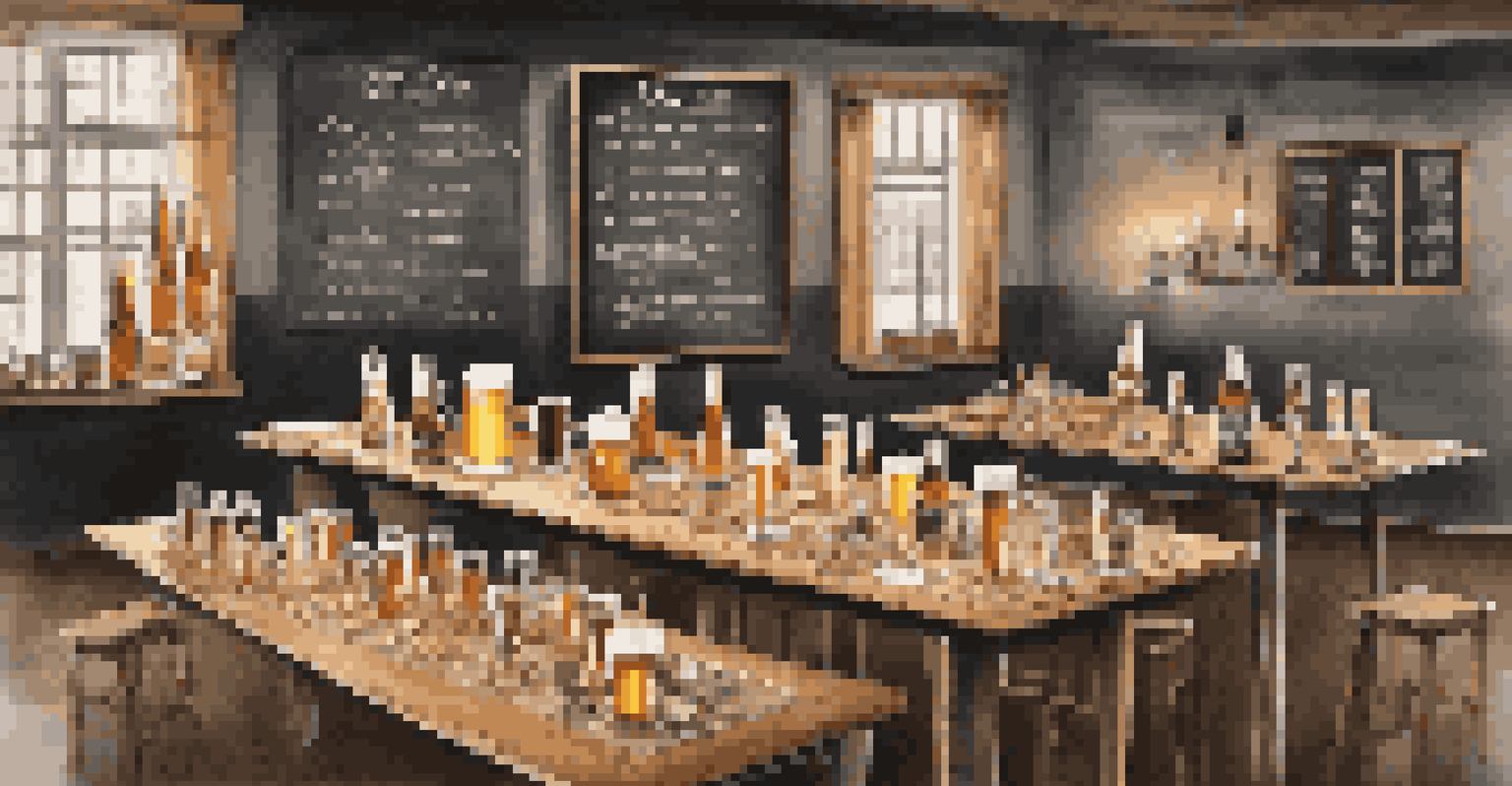 An indoor beer tasting setup with a table of various beer styles, tasting glasses, and decorative snacks in a warm, inviting ambiance.