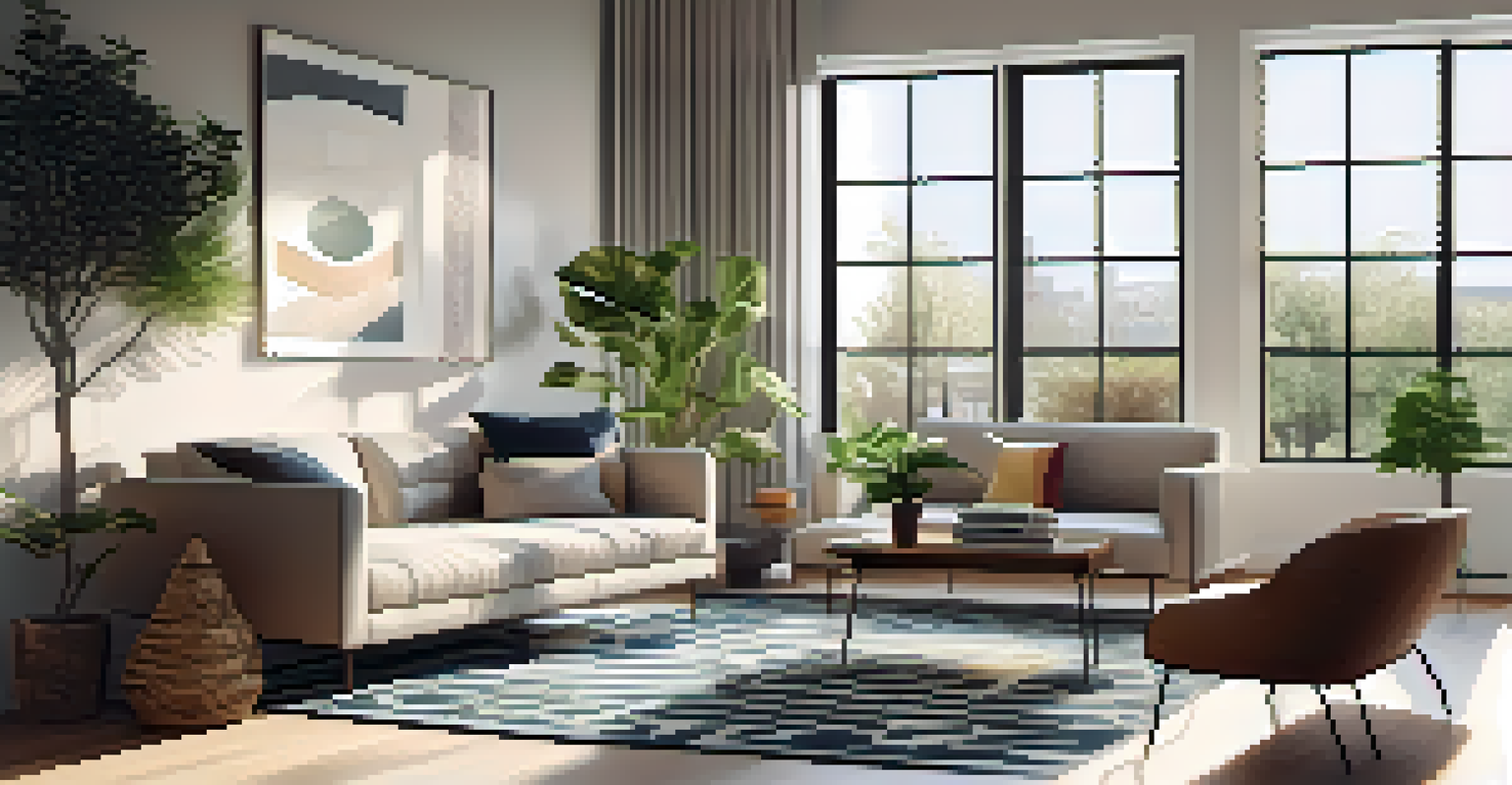 A modern living room with a minimalist geometric rug in muted tones, sunlight streaming through windows, and stylish furniture.