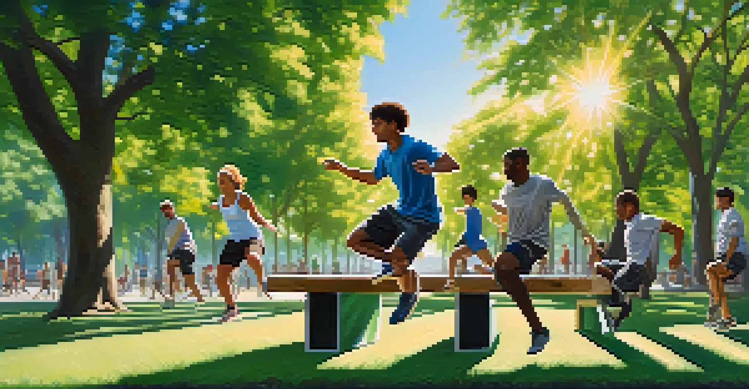 A diverse group of people practicing parkour in a sunny park, helping each other navigate obstacles.