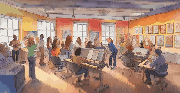 A group of diverse voice actors auditioning in a colorful studio filled with animated series posters, performing around a microphone.