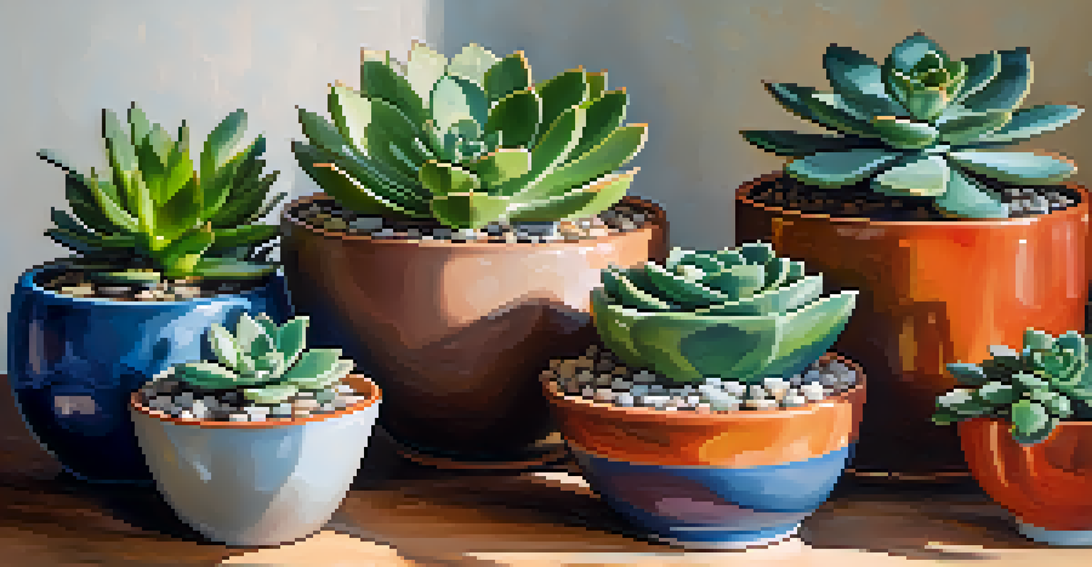 A close-up view of a collection of colorful succulents in ceramic pots on a wooden table.