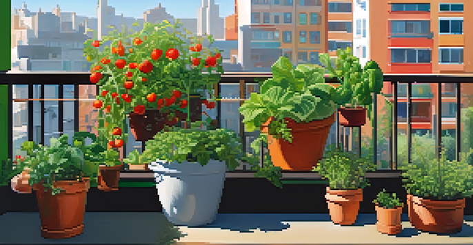 A balcony garden with container plants including leafy greens, herbs, and tomatoes under warm sunlight with a city backdrop.