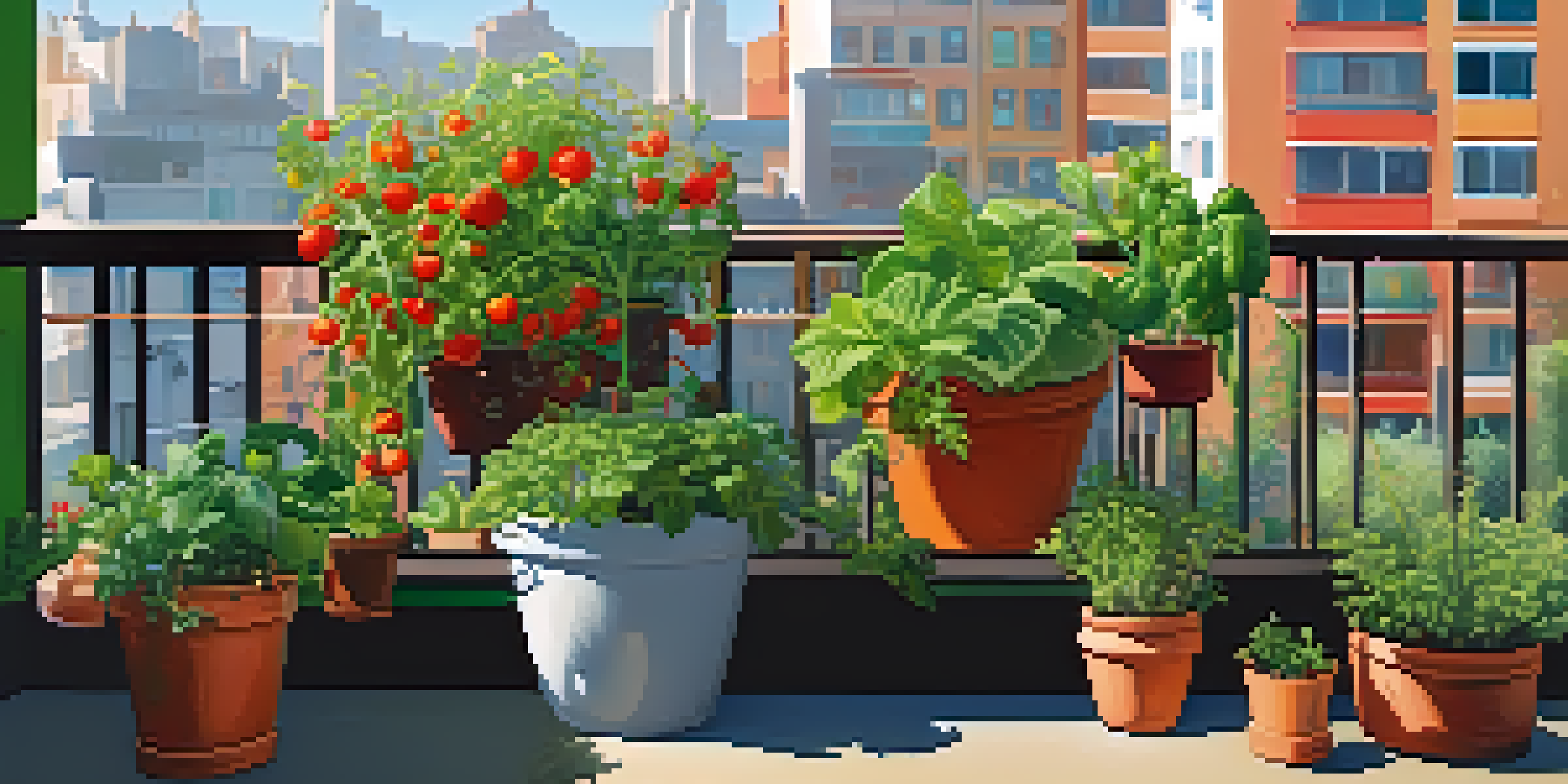 A balcony garden with container plants including leafy greens, herbs, and tomatoes under warm sunlight with a city backdrop.