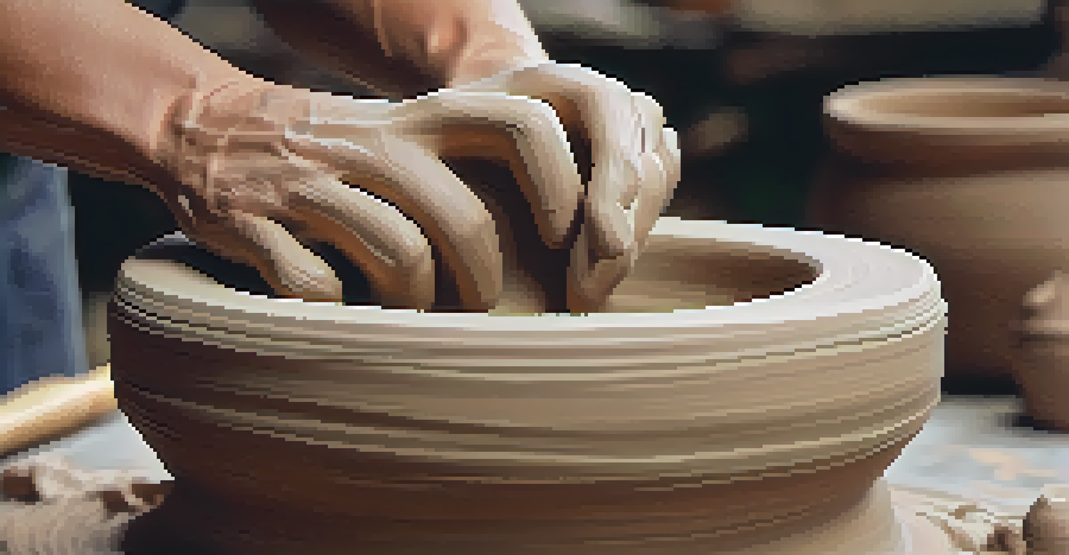 Close-up of hands shaping clay on a potter's wheel, showcasing the texture of the clay and the artist's focused expression.