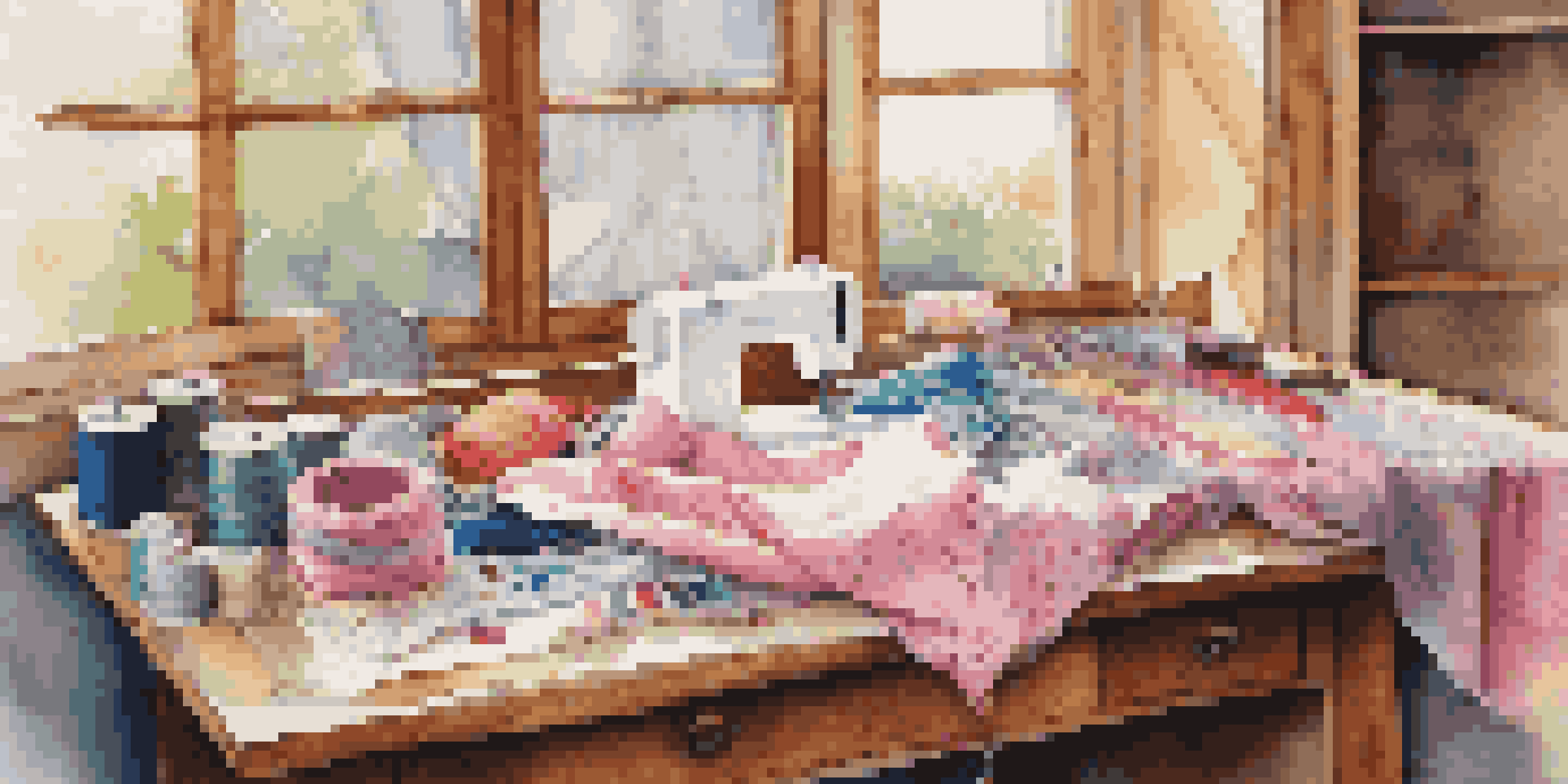 A sewing table with colorful fabrics, sewing tools, and soft natural light.