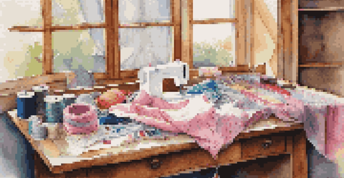 A sewing table with colorful fabrics, sewing tools, and soft natural light.