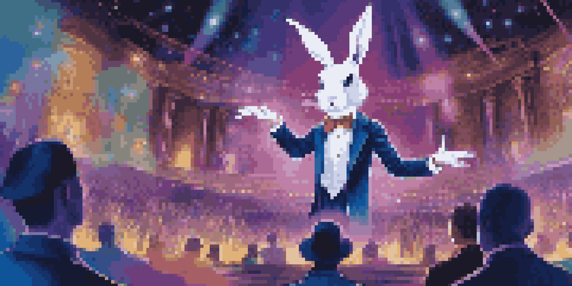 A magician in a tuxedo performing an illusion with augmented reality, pulling a digital rabbit from a holographic hat while an amazed audience interacts with the rabbit.