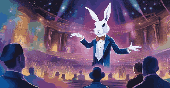 A magician in a tuxedo performing an illusion with augmented reality, pulling a digital rabbit from a holographic hat while an amazed audience interacts with the rabbit.
