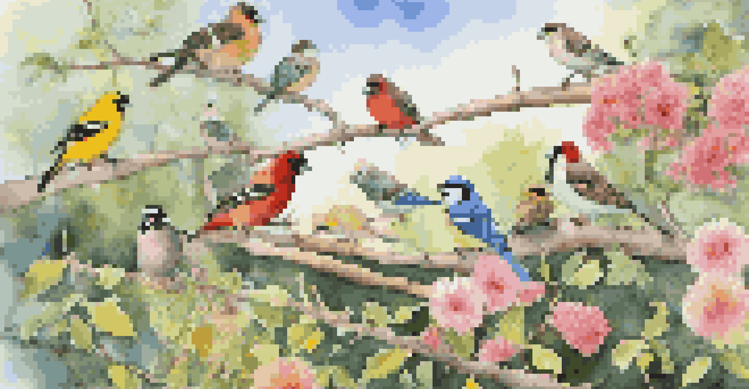 A colorful backyard bird feeding station with various seeds, attracting finches and chickadees, under a clear blue sky with blooming flowers nearby.