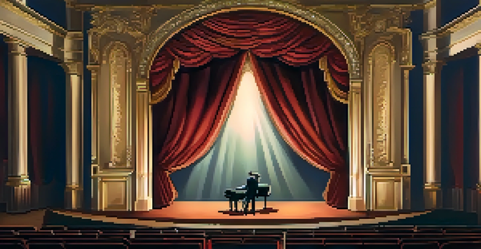 A cozy theater with warm lighting and engaged audience watching a performance, featuring velvet curtains and a decorative backdrop.