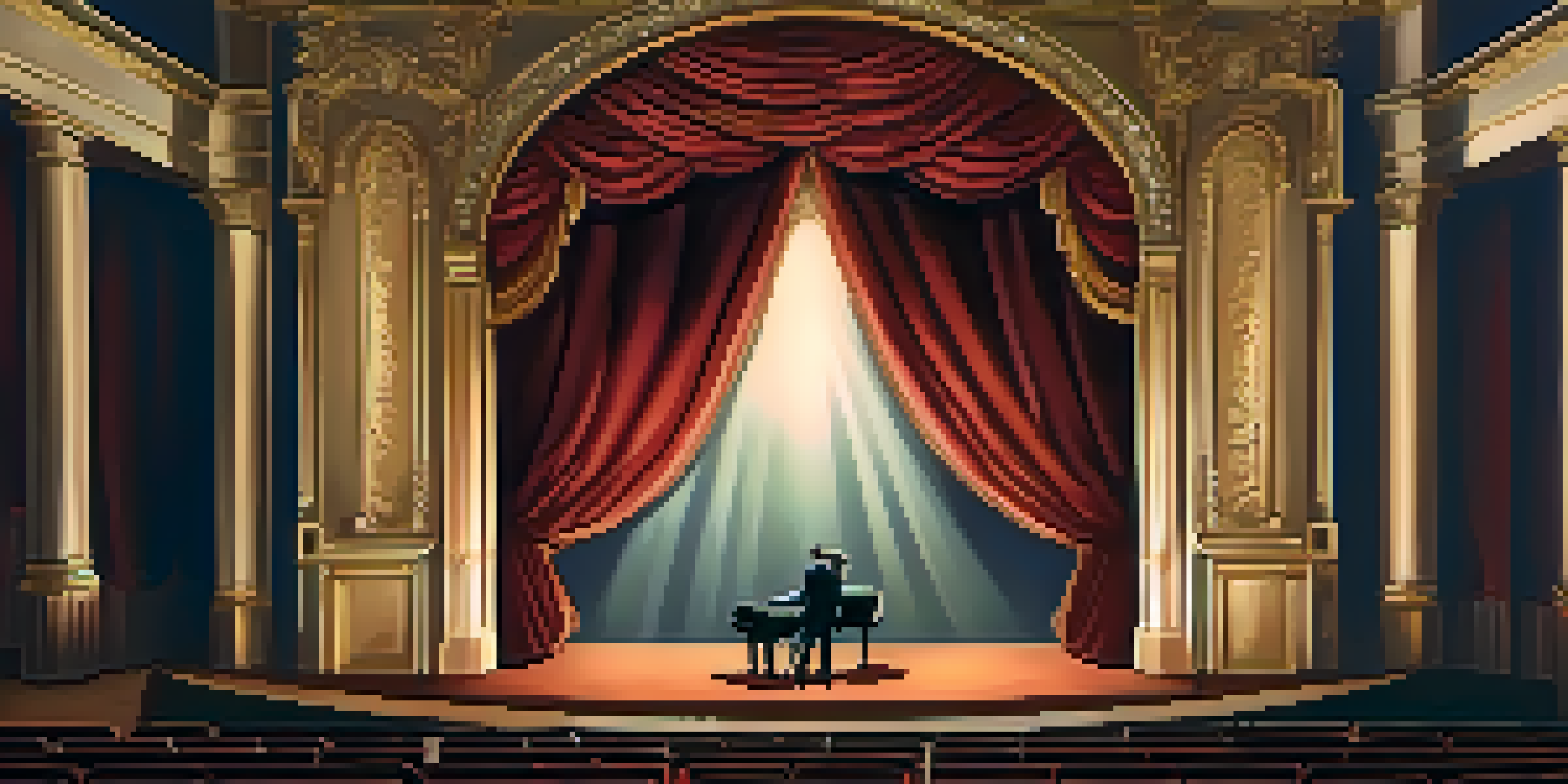 A cozy theater with warm lighting and engaged audience watching a performance, featuring velvet curtains and a decorative backdrop.