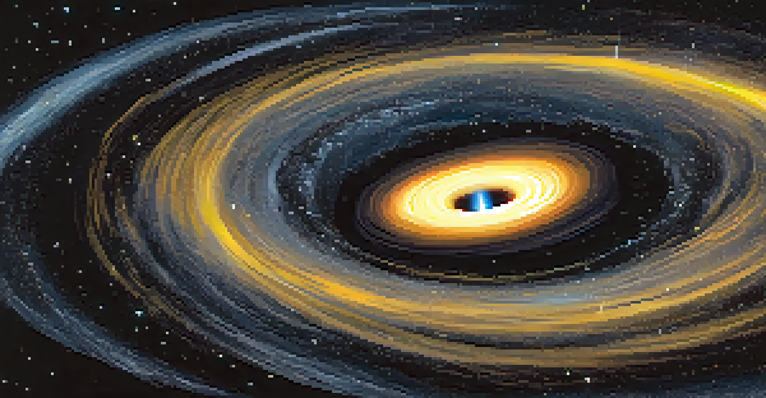A supermassive black hole at the center of a galaxy with swirling stars and gas being drawn towards it.
