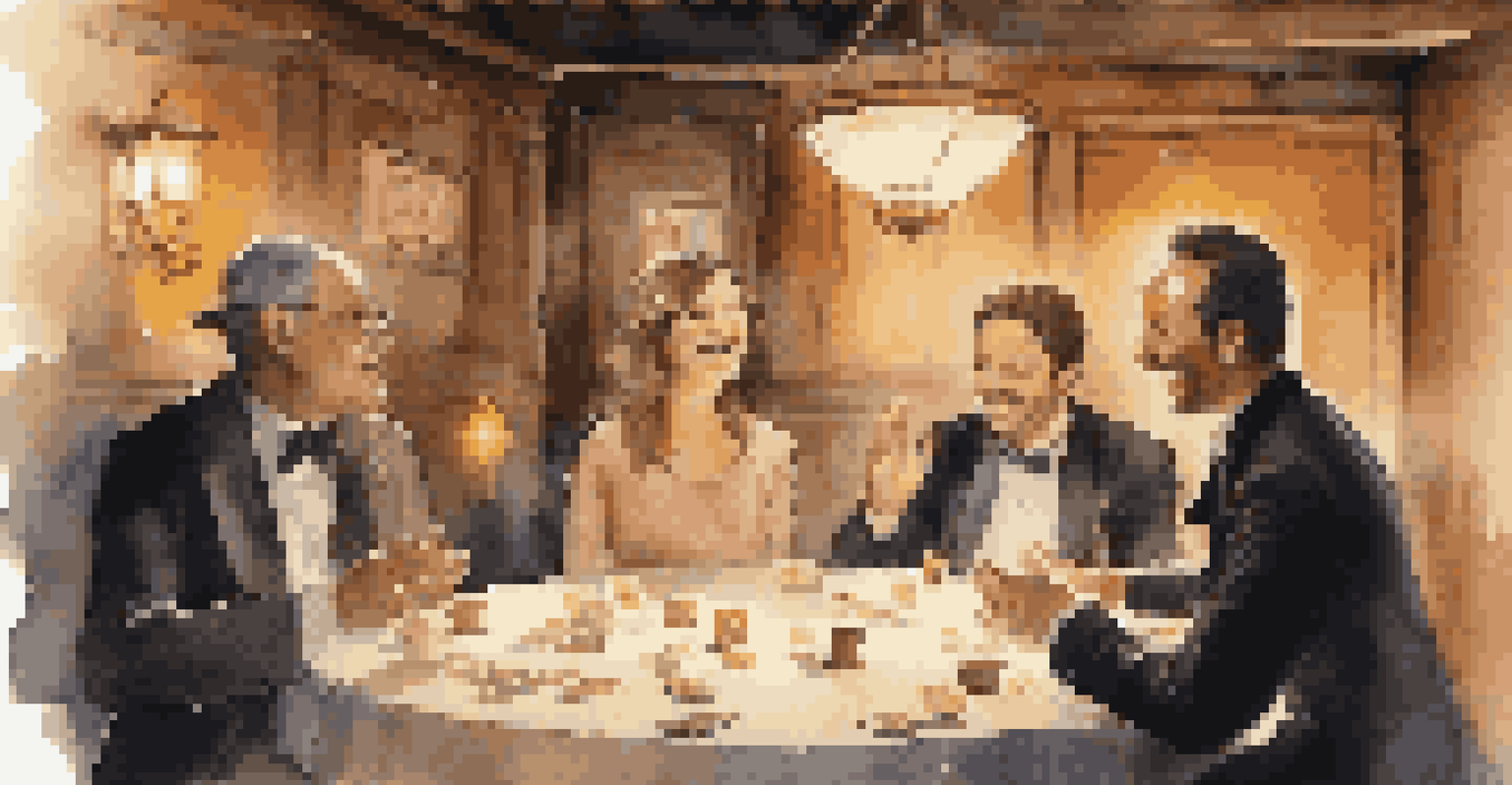 A magician captivating a small audience with storytelling and humor while performing a card trick in a warm, cozy setting, with amazed expressions on the audience's faces.