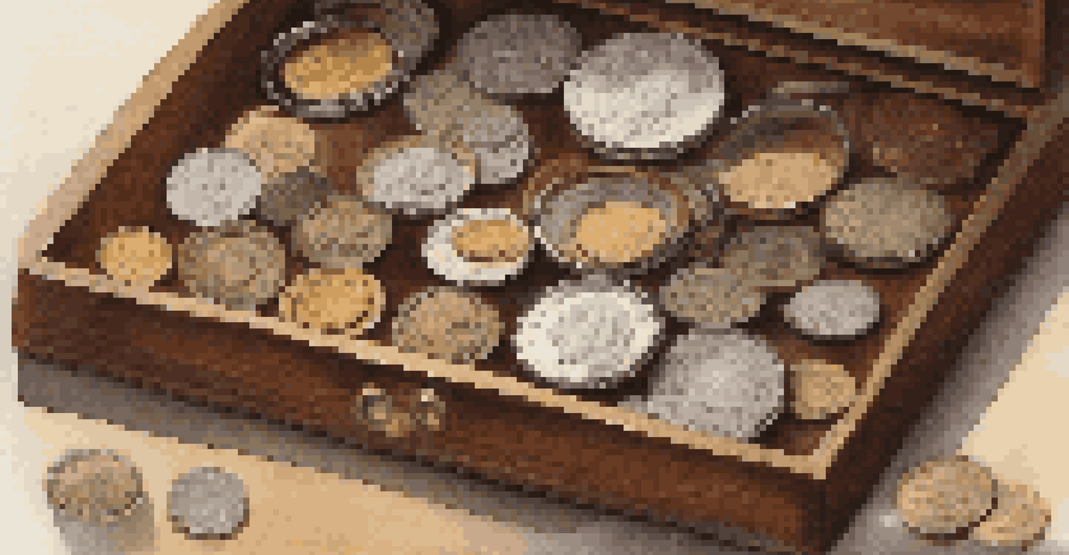 Error coins arranged in a wooden holder with a magnifying glass, against a softly blurred background.