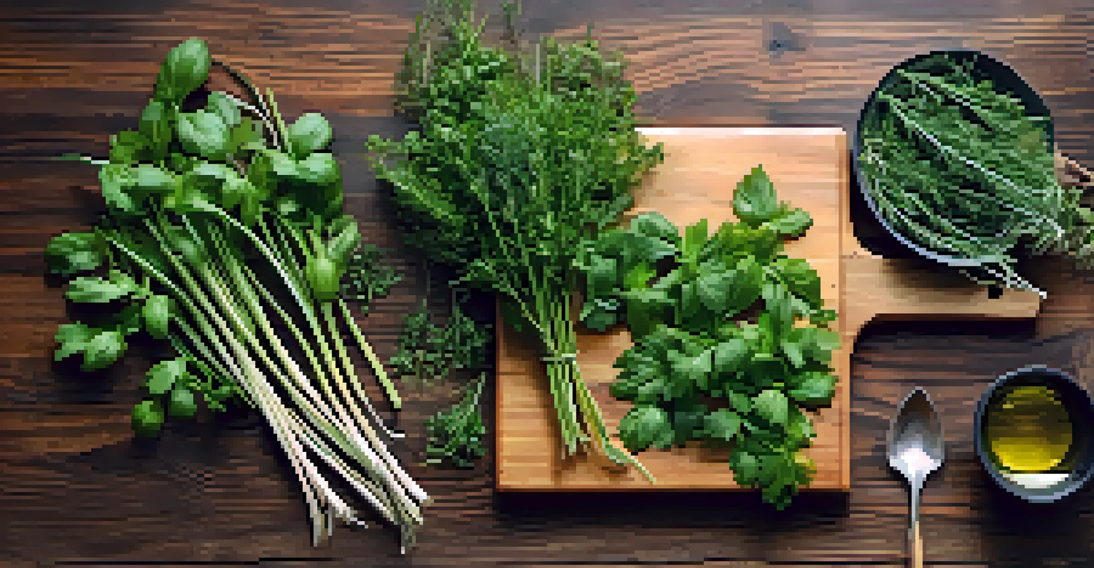 A flat lay of freshly harvested organic herbs on a wooden kitchen table, with a cutting board, knife, and olive oil.
