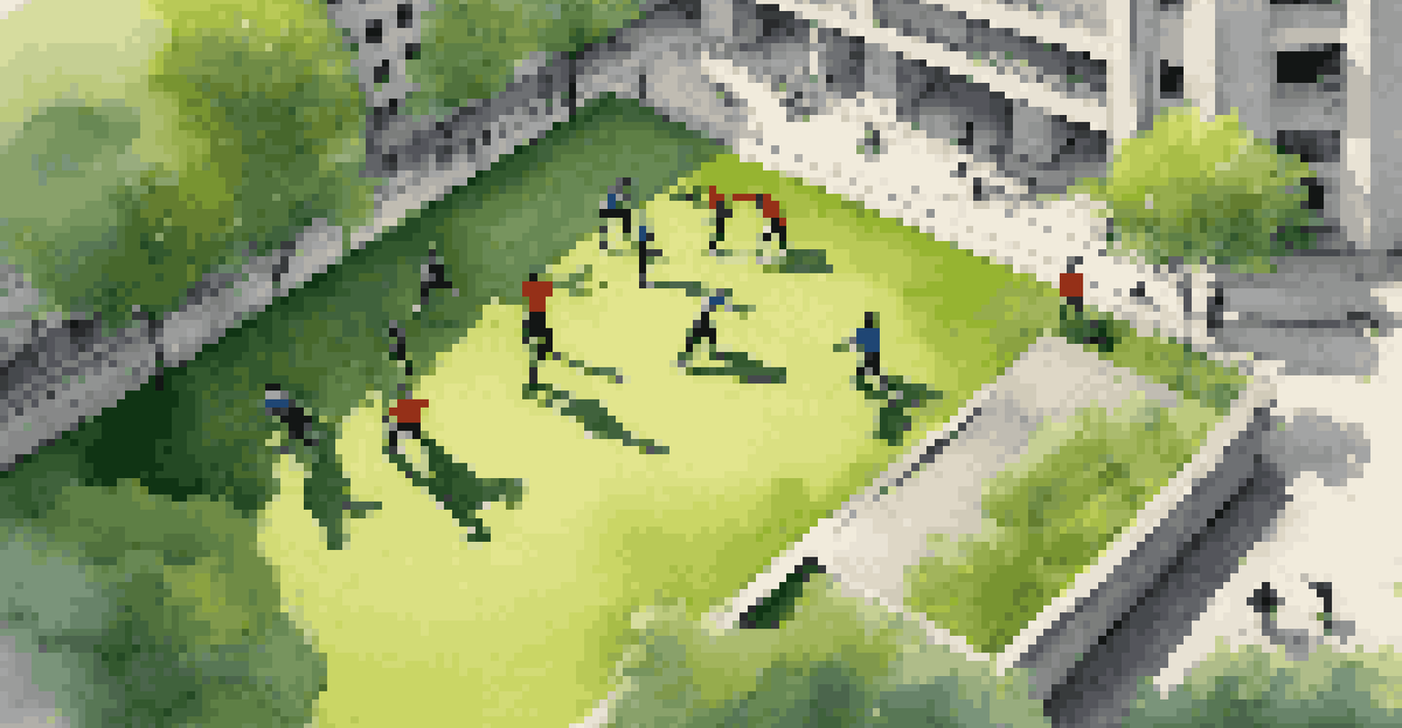Aerial view of several parkour enthusiasts training in an urban park, showcasing different movements on grass and concrete.
