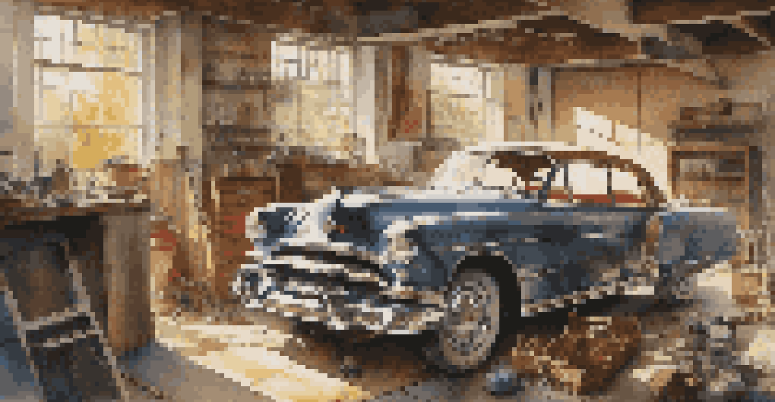 A vintage car in a garage, surrounded by tools and parts, with sunlight streaming through the window.