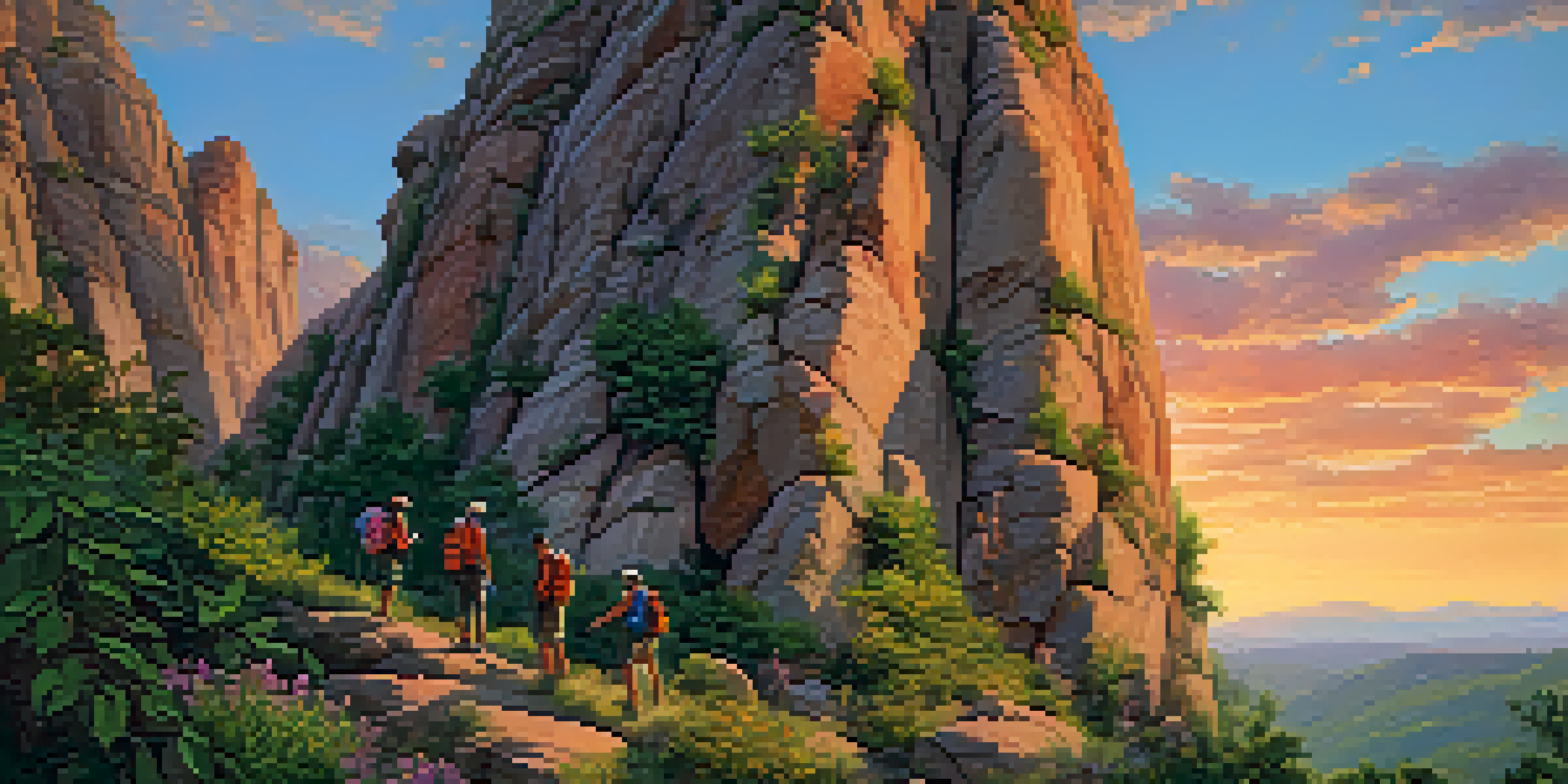 A diverse group of climbers discussing their next moves in a serene climbing area at sunset, with a rugged rock face and lush greenery.