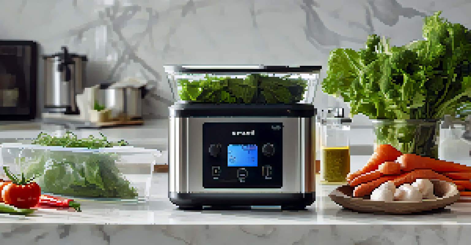 An immersion circulator in a pot of water with vacuum-sealed bags of vegetables and herbs on a kitchen countertop.