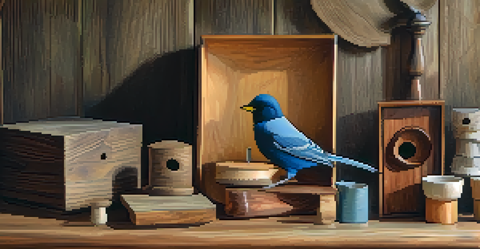 A display of finished woodworking projects including a stained chair, a shelf, and a birdhouse on a rustic table.