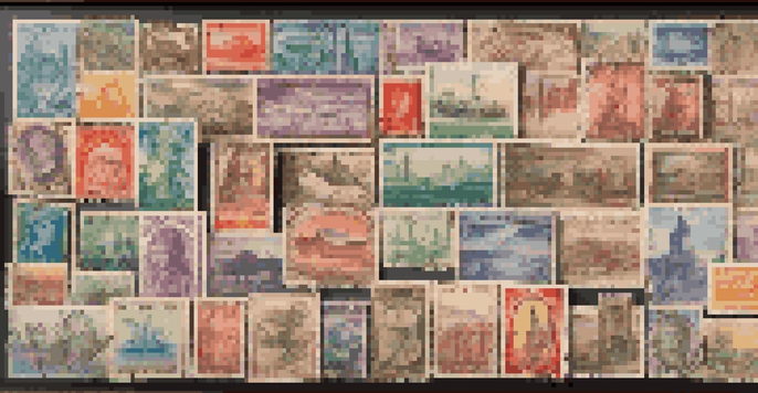 A vintage collection of postage due stamps in a wooden frame, showing colorful stamps from different countries, illuminated by sunlight.