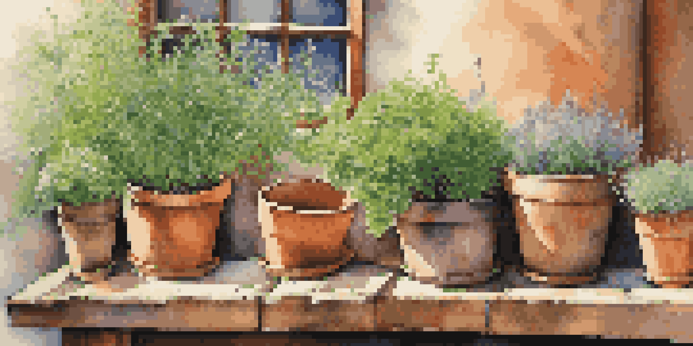 A colorful herb garden featuring various pots with basil, chives, and rosemary, illuminated by sunlight.
