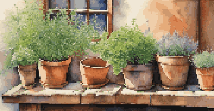 A colorful herb garden featuring various pots with basil, chives, and rosemary, illuminated by sunlight.