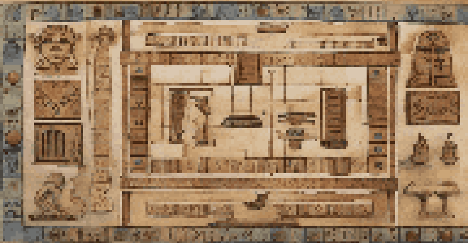 Close-up of an ancient Senet board game with carved hieroglyphics and stone pieces on textured fabric.