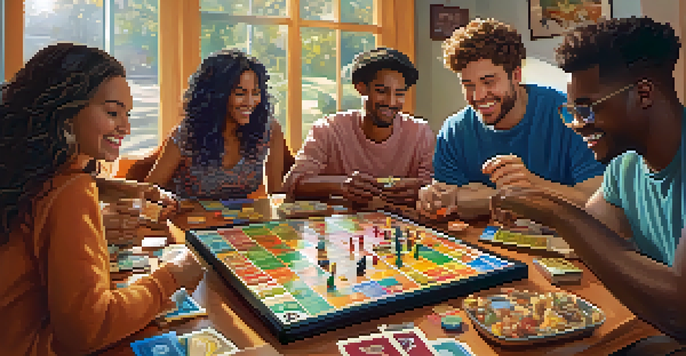 A group of friends playing a board game at a table, with colorful pieces and snacks, showcasing laughter and excitement in a warm-lit environment.