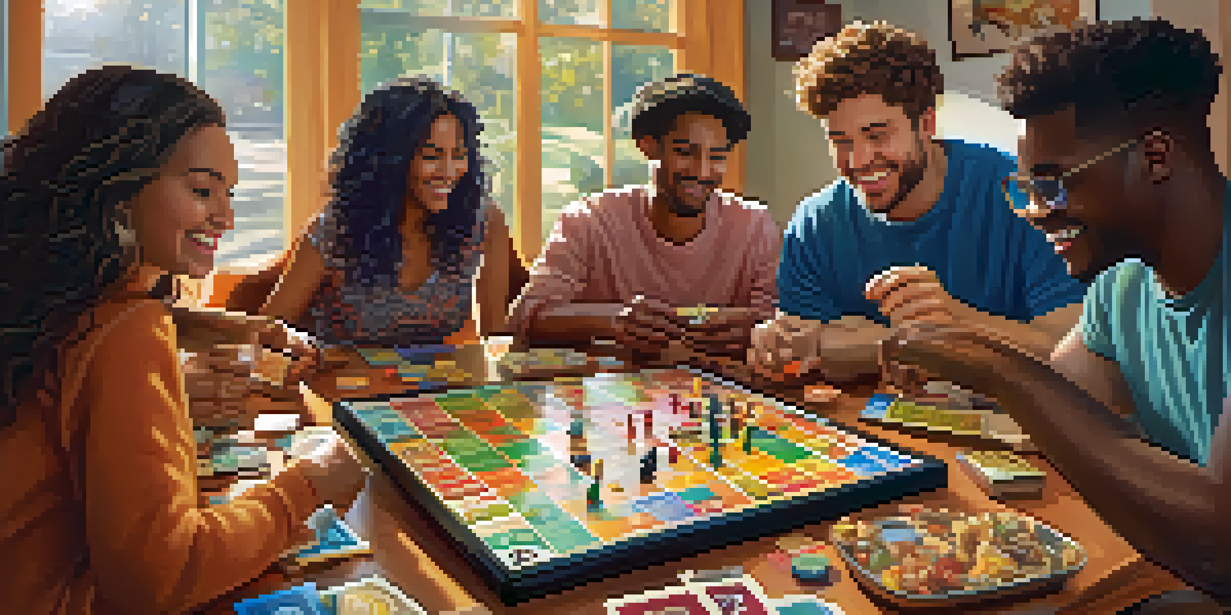 A group of friends playing a board game at a table, with colorful pieces and snacks, showcasing laughter and excitement in a warm-lit environment.