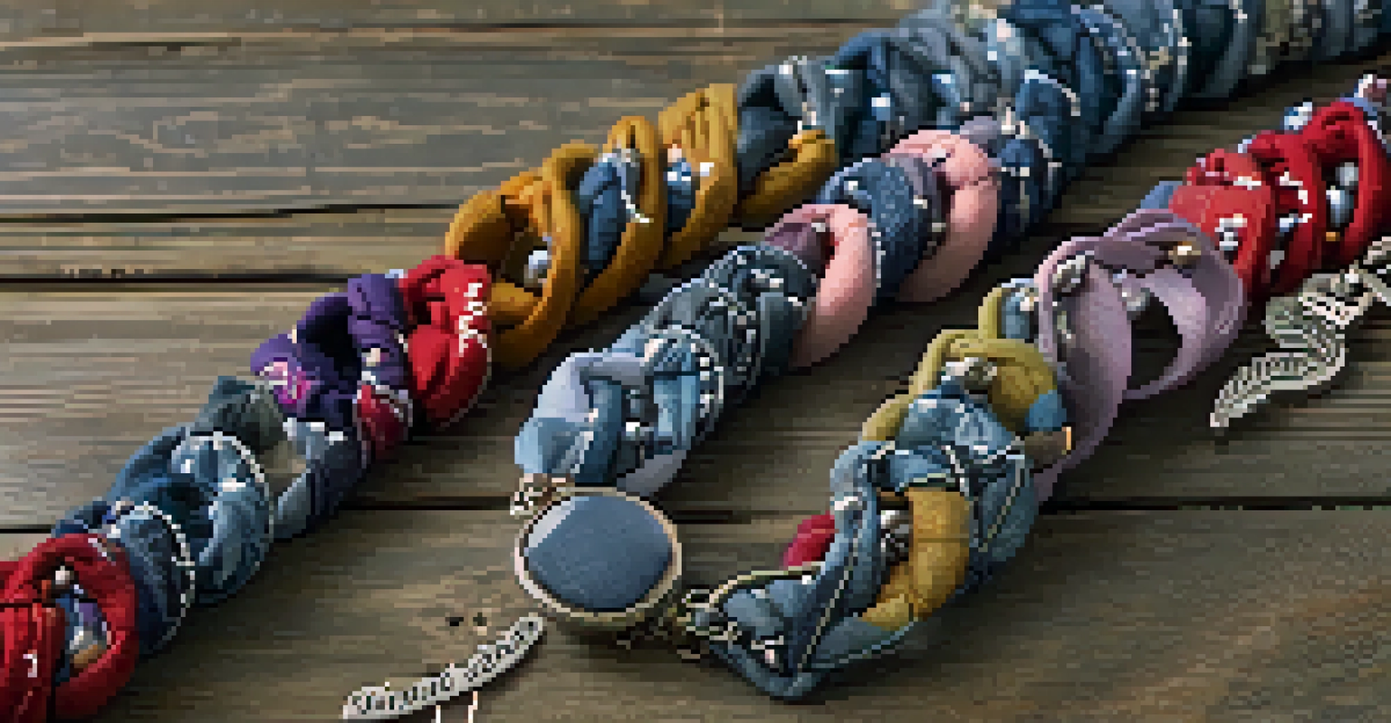 A collection of fabric bracelets made from old jeans, adorned with beads and charms, displayed on a wooden surface.