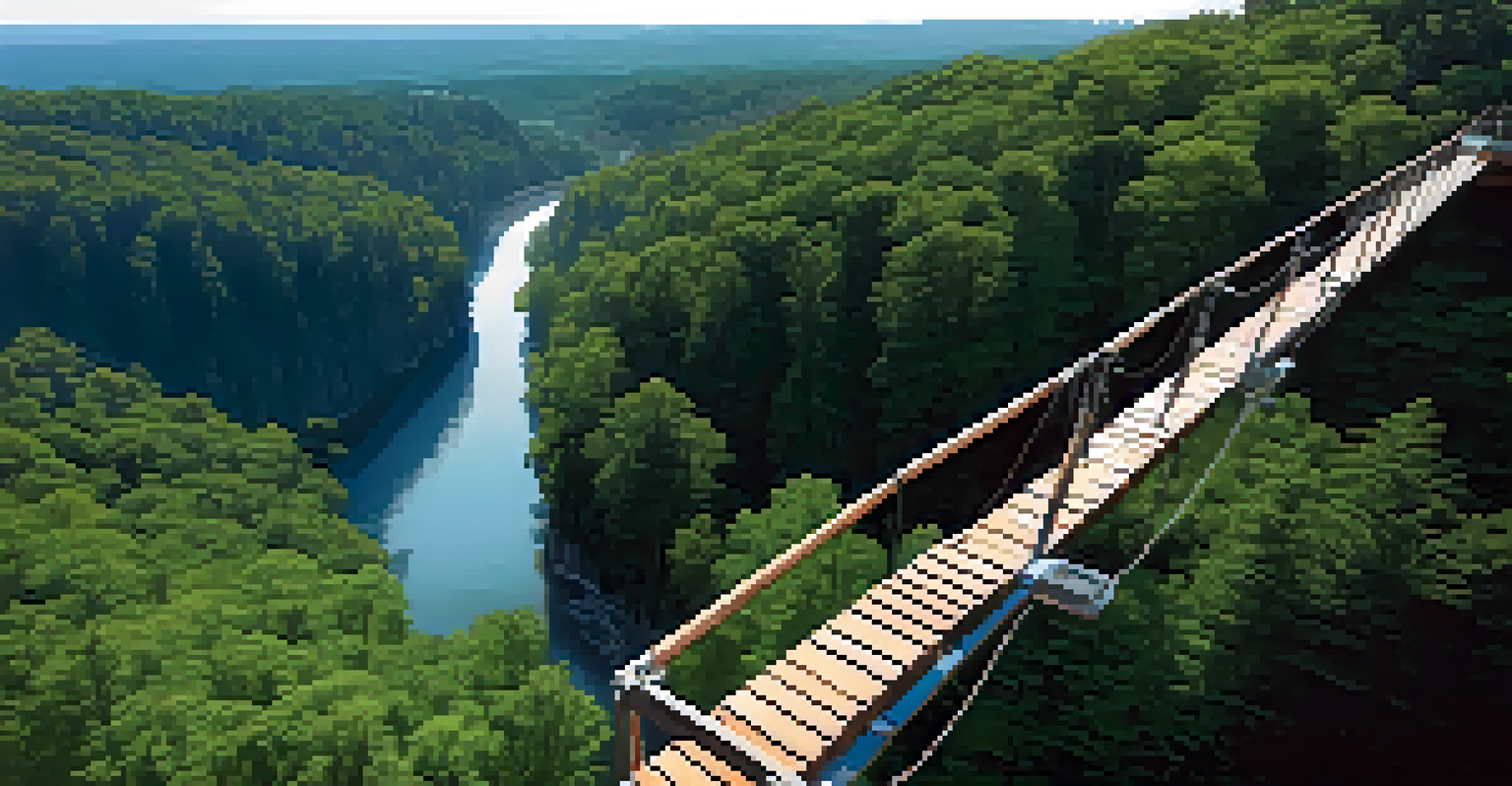 A high cliff bungee jumping platform made of wooden beams surrounded by a dense forest, with clear blue skies above.
