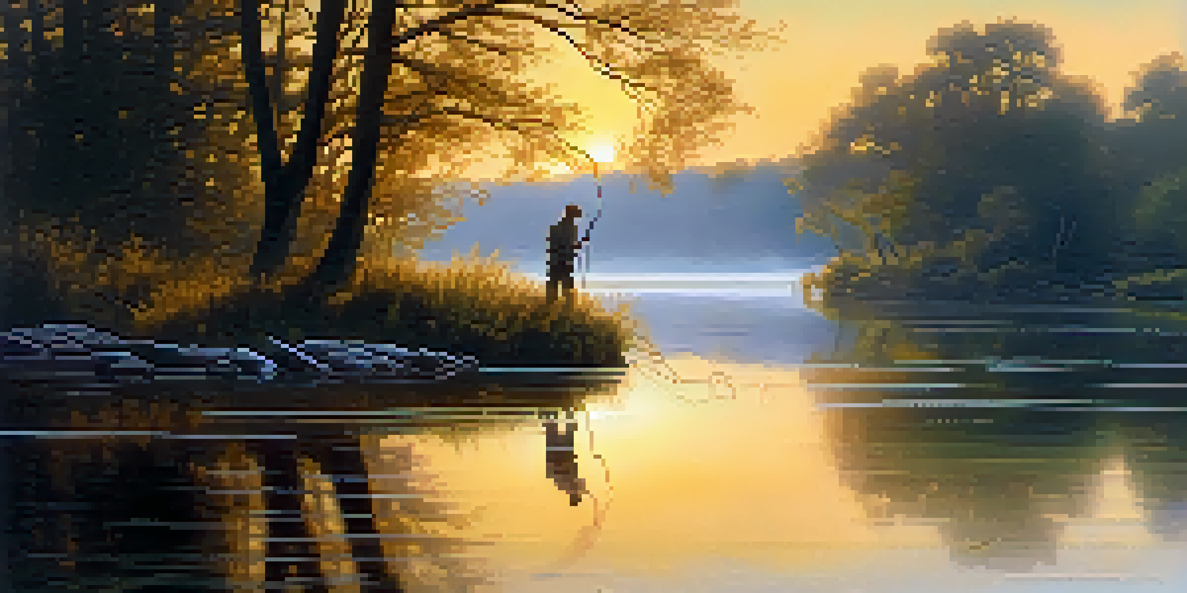 A peaceful river scene with a fisherman casting a line at dawn, surrounded by mist and trees reflecting the sunrise.