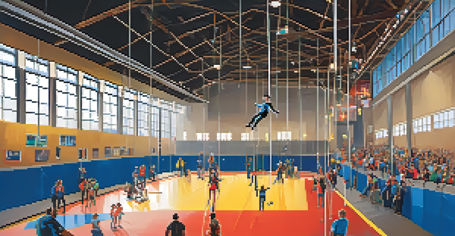 A person getting ready to jump in an indoor bungee jumping facility, surrounded by bright lights and safety equipment.
