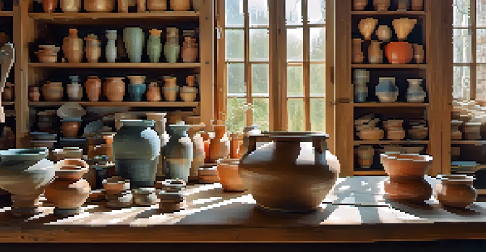 A pottery workspace with a potter's wheel, shaping tools, colorful glazes, and unfinished pots under soft natural light.